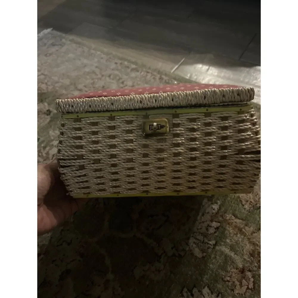 Vintage Sewing Box with contents plus large metal basket of thread